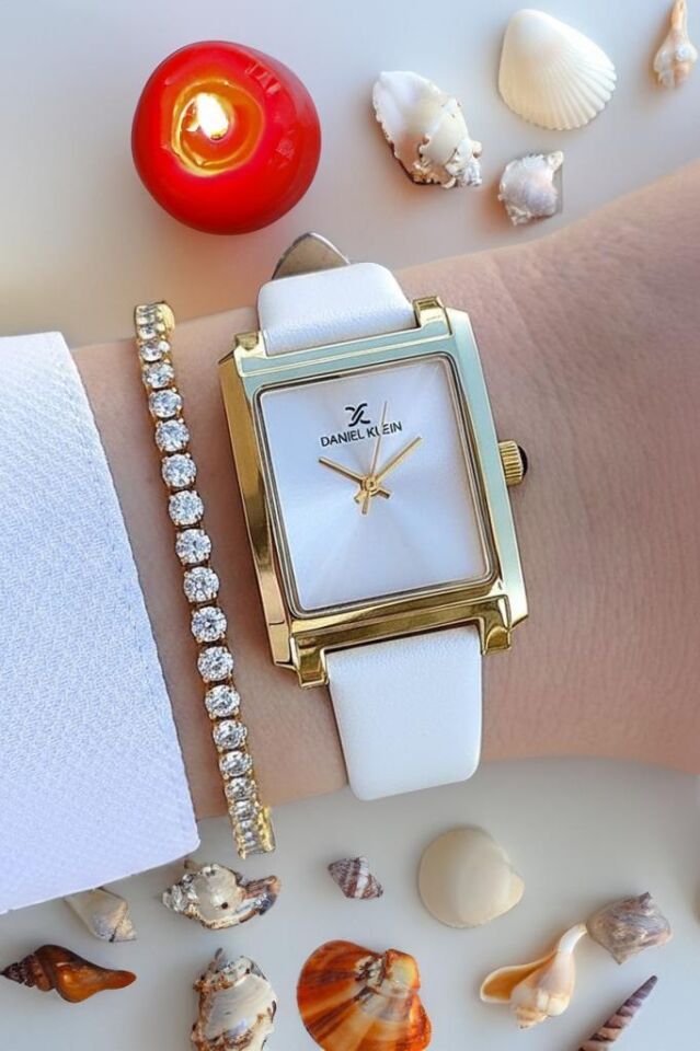 Beyaz Deri Kayışlı Altın Sarısı Dikdörtgen Kasa Kadın Kol Saati, Taşlı Bileklik Hediyeli