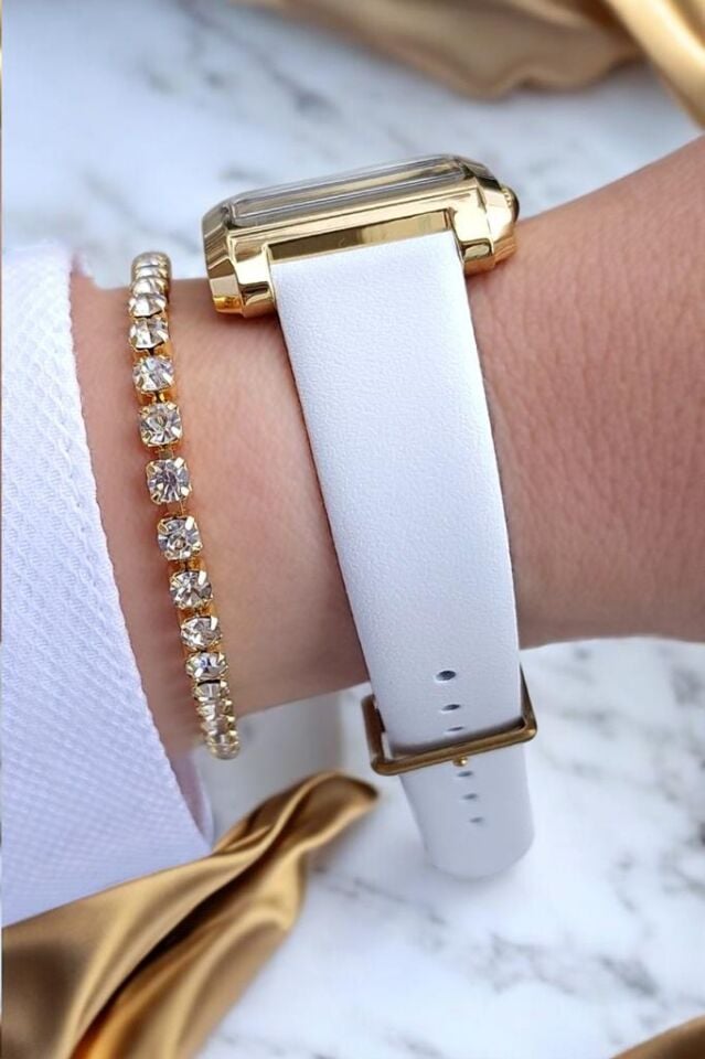 Beyaz Deri Kayışlı Altın Sarısı Dikdörtgen Kasa Kadın Kol Saati, Taşlı Bileklik Hediyeli