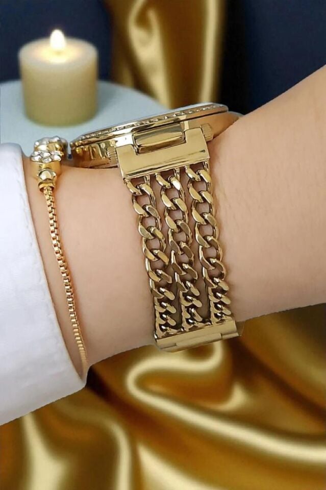 Altın Sarısı Zincirli Çelik Bilezik Kadın Kol Saati, Zirkon Taşlı Bileklik Hediyeli