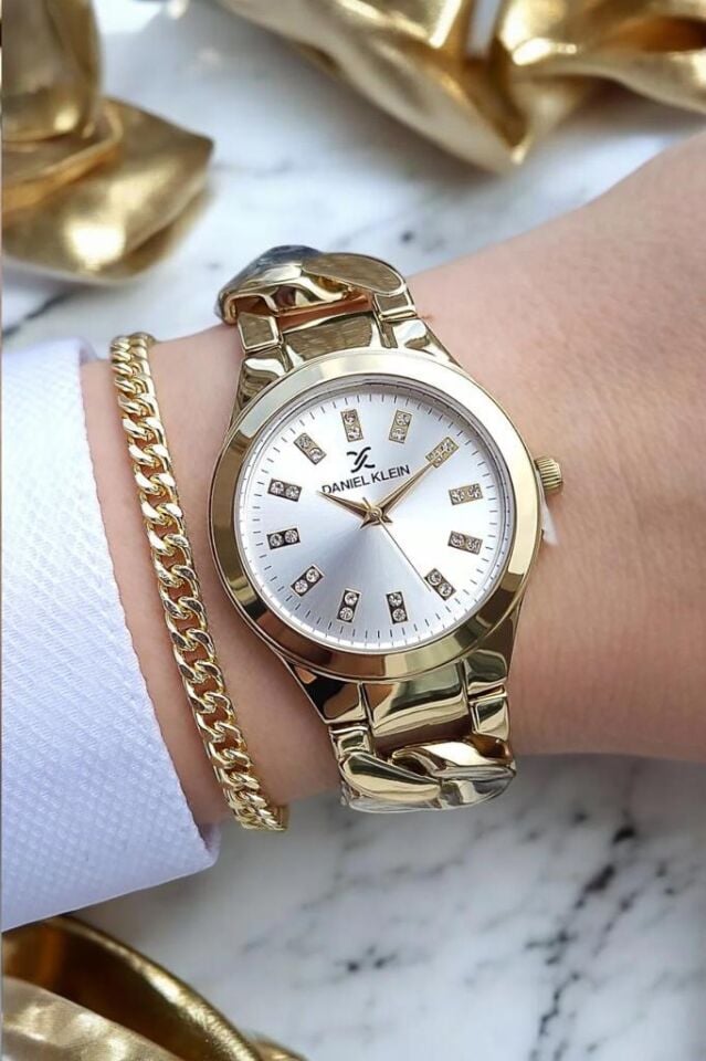 Daniel Klein Altın Sarısı Zincirli Kadın Kol Saati, Zincir Bileklik Hediyeli