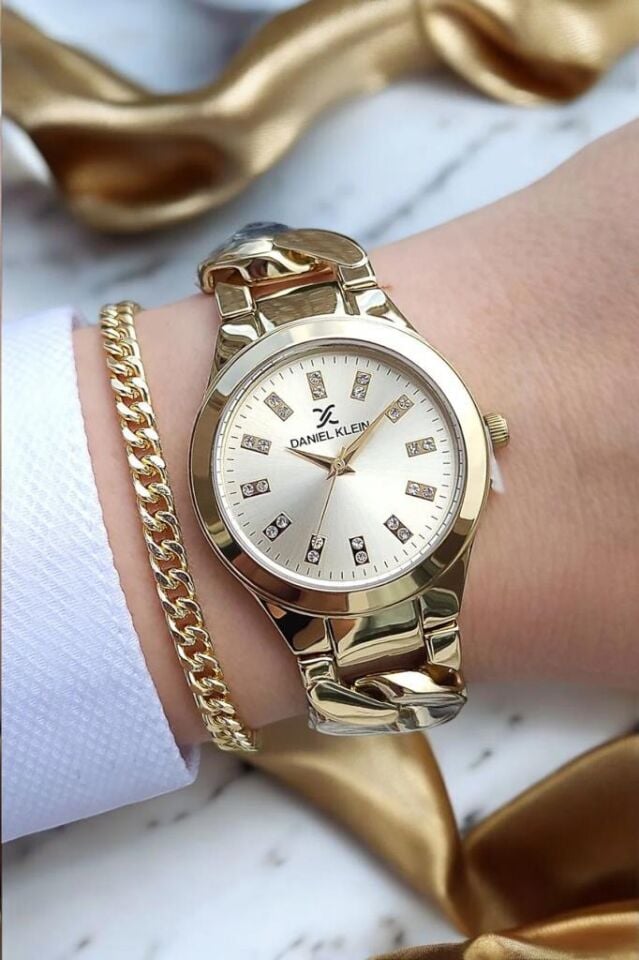 Daniel Klein Altın Sarısı Zincirli Kadın Kol Saati, Zincir Bileklik Hediyeli