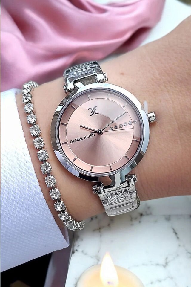 Daniel Klein Çelik Bilezik Pembe Kadranlı Kadın Kol Saati, Zirkon Taşlı Bileklik Hediyeli