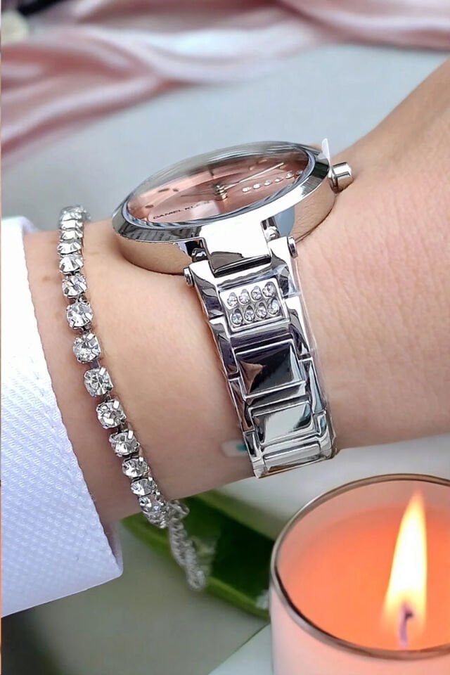 Daniel Klein Çelik Bilezik Pembe Kadranlı Kadın Kol Saati, Zirkon Taşlı Bileklik Hediyeli