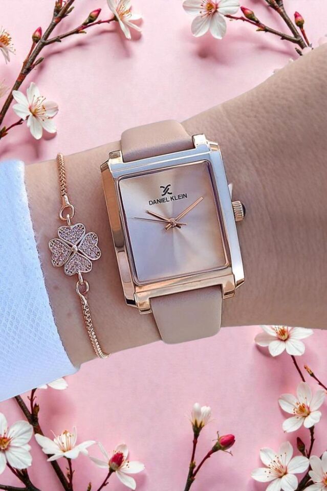 Pudra Deri Kayışlı Rose Gold Dikdörtgen Kasa Kadın Kol Saati, Taşlı Bileklik Hediyeli