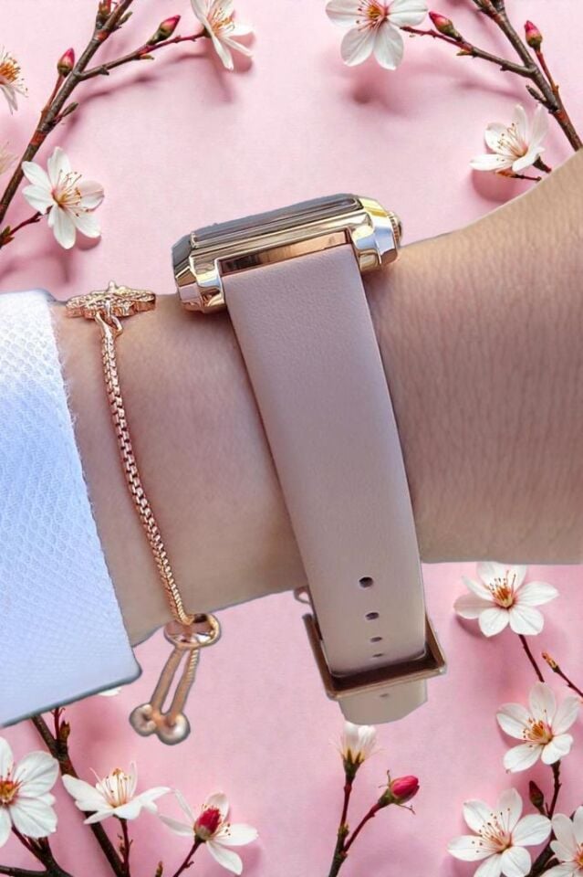 Pudra Deri Kayışlı Rose Gold Dikdörtgen Kasa Kadın Kol Saati, Taşlı Bileklik Hediyeli