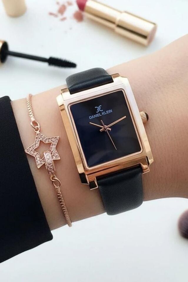 Siyah Deri Kayışlı Rose Gold Dikdörtgen Kasa Kadın Kol Saati, Taşlı Bileklik Hediyeli