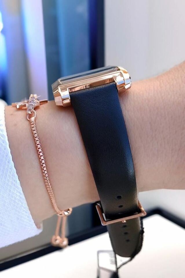 Siyah Deri Kayışlı Rose Gold Dikdörtgen Kasa Kadın Kol Saati, Taşlı Bileklik Hediyeli