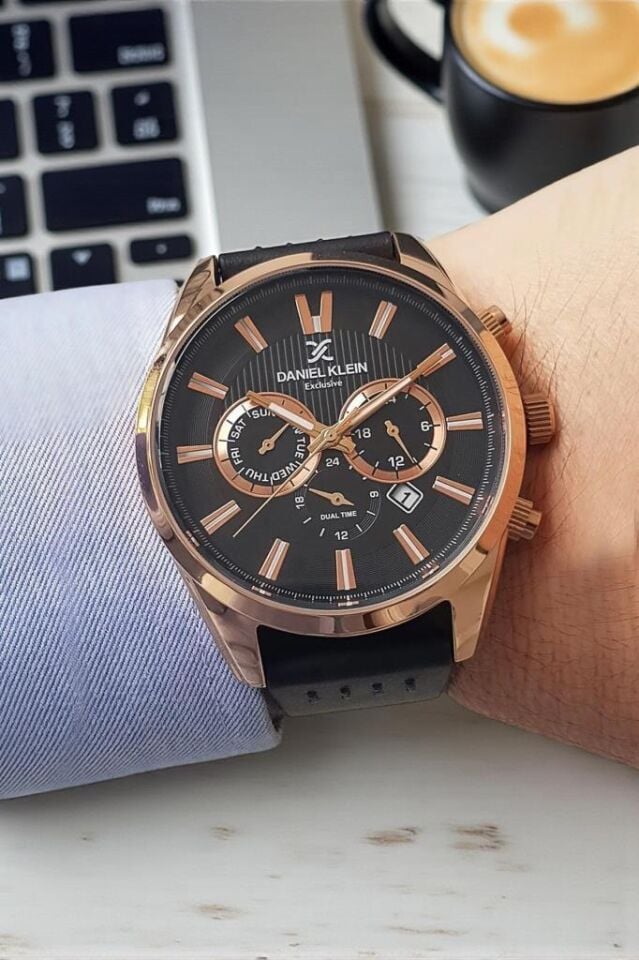 Tüm Fonksiyonları Aktif Siyah Deri Kayışlı Rose Gold Kasa Takvimli Erkek Kol Saati
