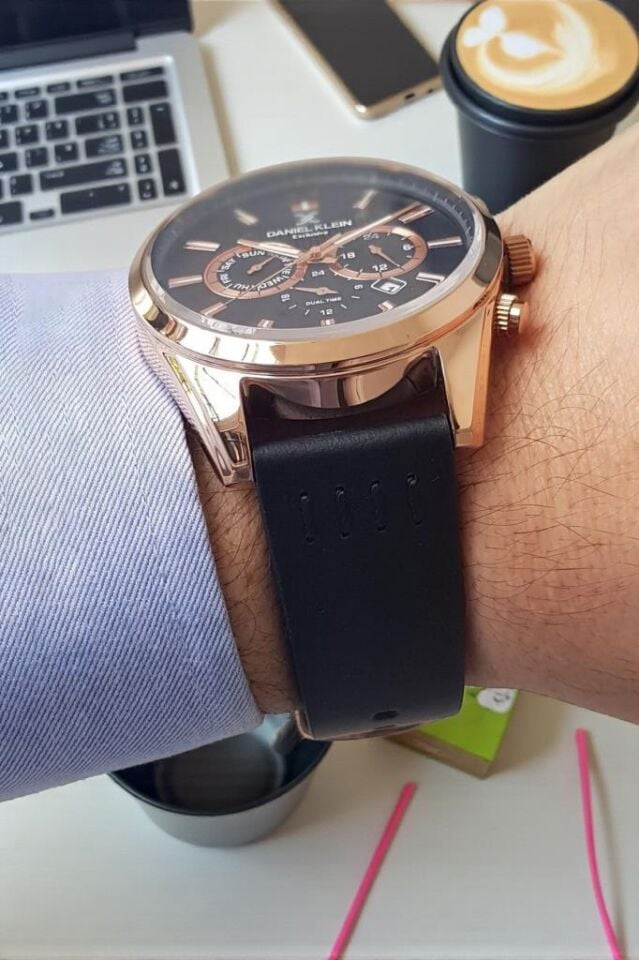 Tüm Fonksiyonları Aktif Siyah Deri Kayışlı Rose Gold Kasa Takvimli Erkek Kol Saati