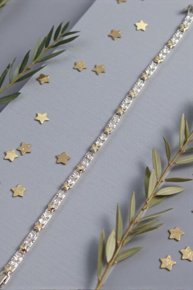 Zirkon Taşlı Yıldız Detaylı Altın/Metalik Kadın Bileklik