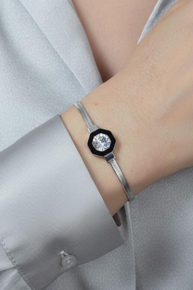 Zirkon Taşlı İtalyan Zincir Metalik Kadın Bileklik