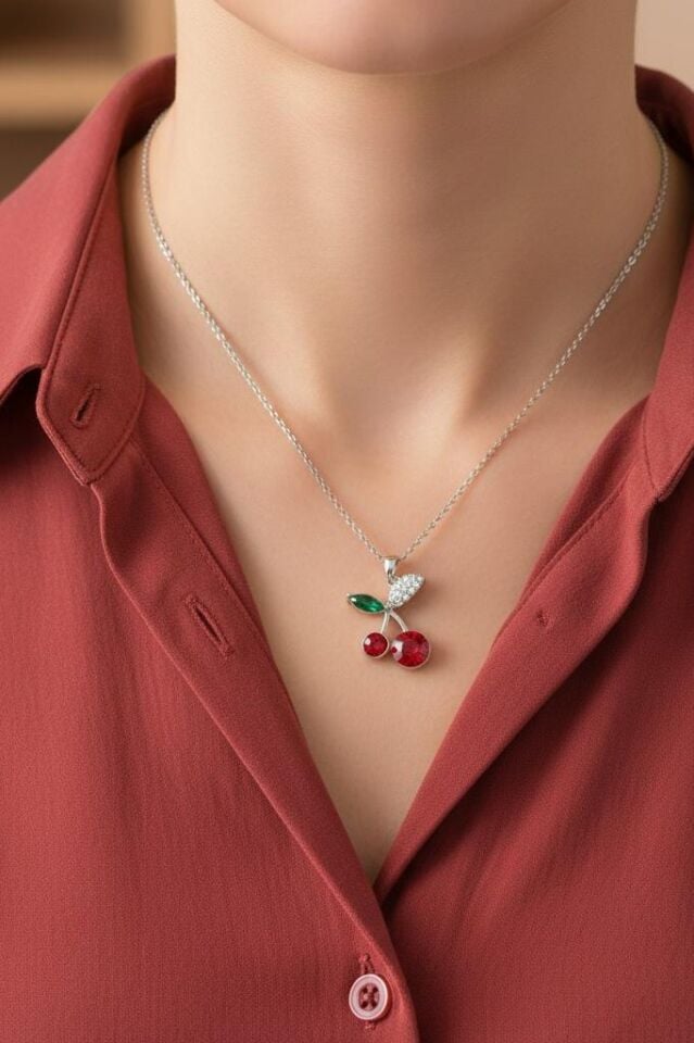Kırmızı Zirkon Taşlı Kiraz Model Çelik Kadın Kolye