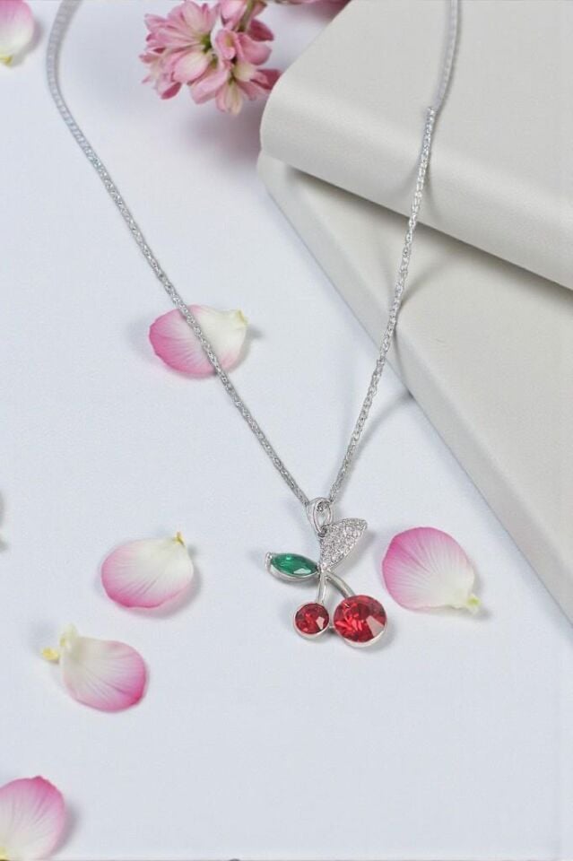 Kırmızı Zirkon Taşlı Kiraz Model Çelik Kadın Kolye