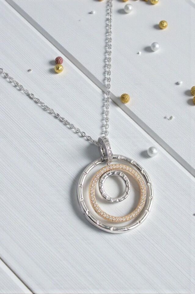 Zirkon Taşlı Karışık Renk Halka Çelik Kadın Kolye