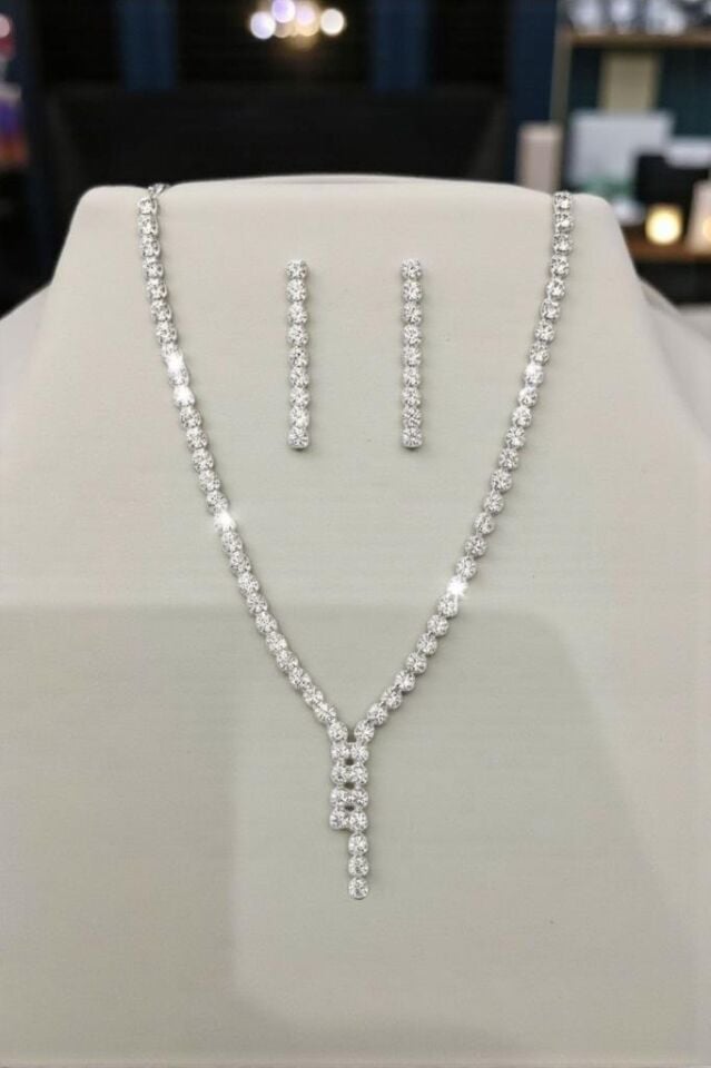 Taşlı Su Yolu Kolye ve Küpe Düğün, Kına, Nişan Gelin Takı Seti