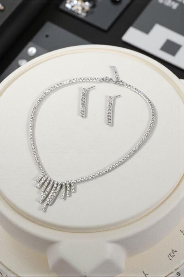 Taşlı Kolye ve Küpe Düğün, Kına, Nişan Gelin 2'li Takı Seti