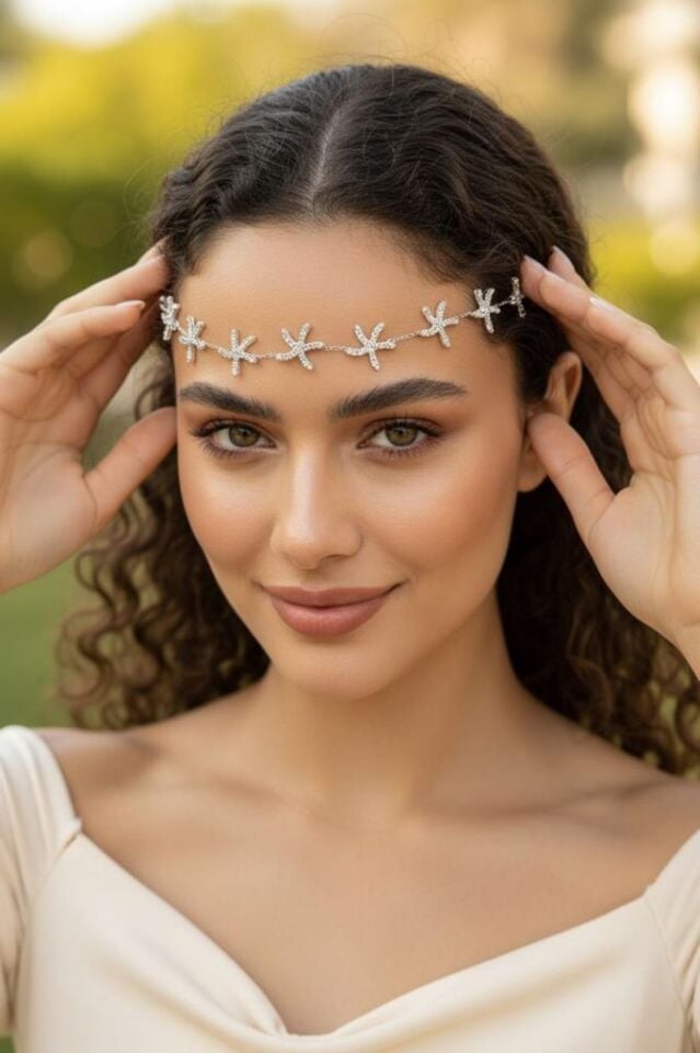 Accessories Yıldız Detaylı Taşlı Saç Aksesuarı, Gelin Tacı, Nişan Nikâh Kına Saç Aksesuarı, Alınlık