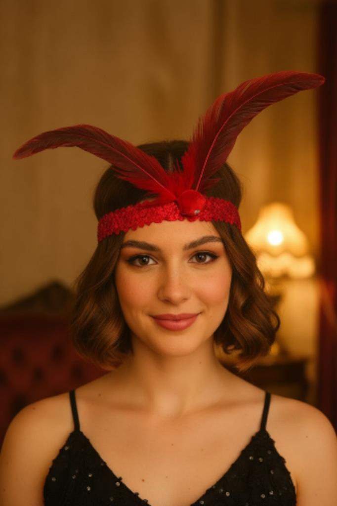 Accessories Kırmızı Renk Tüylü Saç Aksesuarı, Nişan, Nikâh, Kına Saç Aksesuarı, Saç Bandı