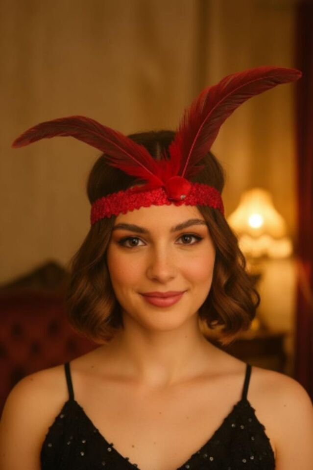 Accessories Kırmızı Renk Tüylü Saç Aksesuarı, Nişan, Nikâh, Kına Saç Aksesuarı, Saç Bandı
