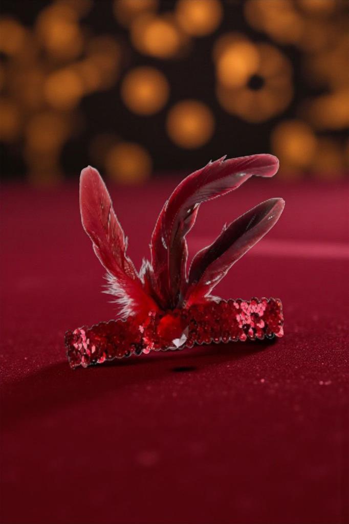 Accessories Kırmızı Renk Tüylü Saç Aksesuarı, Nişan, Nikâh, Kına Saç Aksesuarı, Saç Bandı