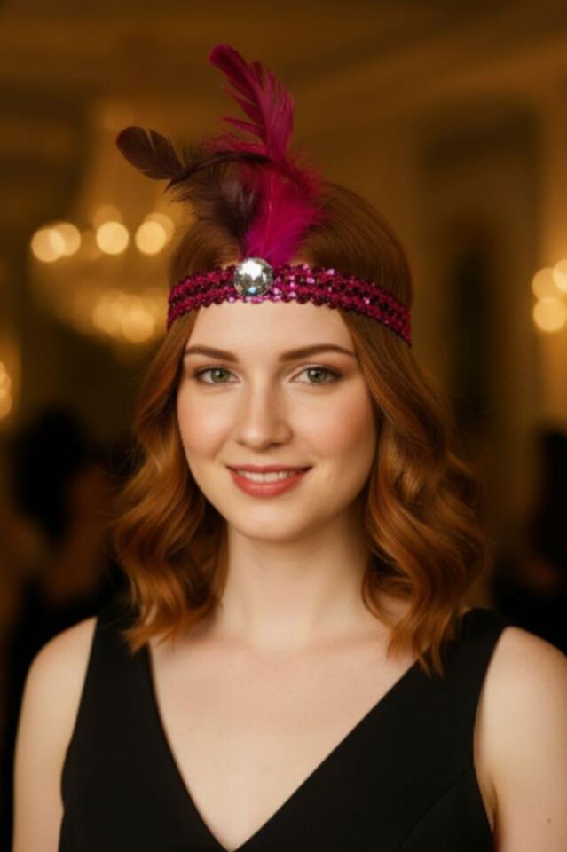 Accessories Pembe Renk Tüylü Saç Aksesuarı, Nişan, Nikâh, Kına Saç Aksesuarı, Saç Bandı