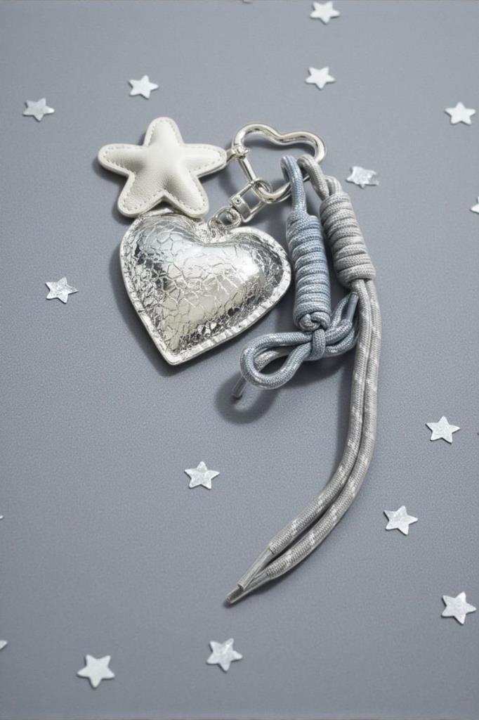 Accessories Gümüş Renk Kalp Ve Yıldız Detaylı Çanta Charm/ Anahtarlık