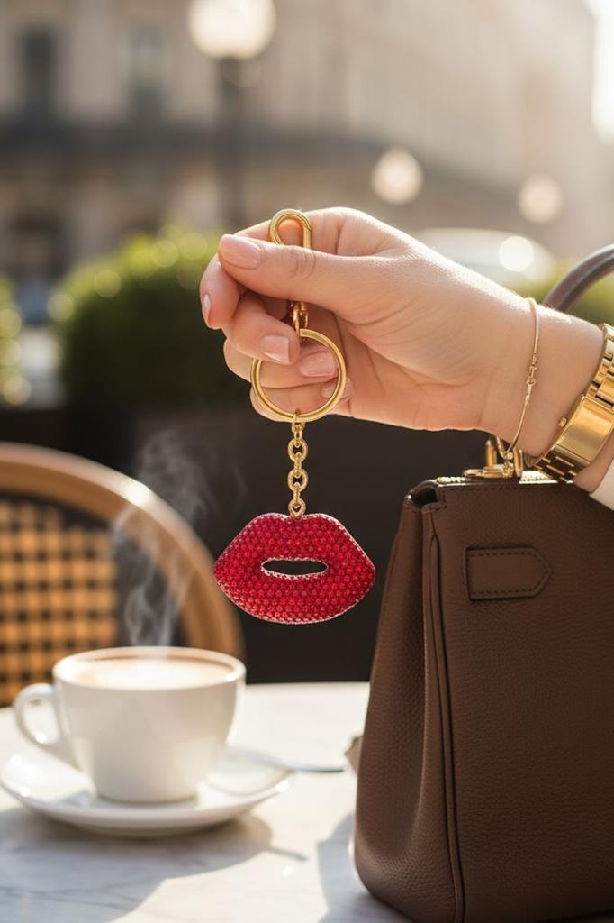 Altın Ve Kırmızı Renk Dudak Figürlü Taş Detaylı Çanta Charm/ Anahtarlık