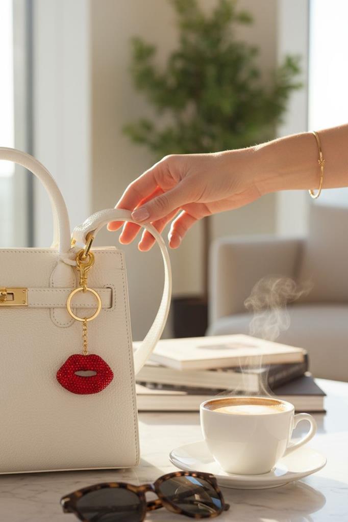 Altın Ve Kırmızı Renk Dudak Figürlü Taş Detaylı Çanta Charm/ Anahtarlık