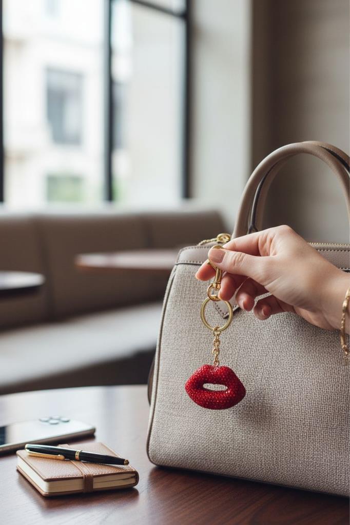 Altın Ve Kırmızı Renk Dudak Figürlü Taş Detaylı Çanta Charm/ Anahtarlık