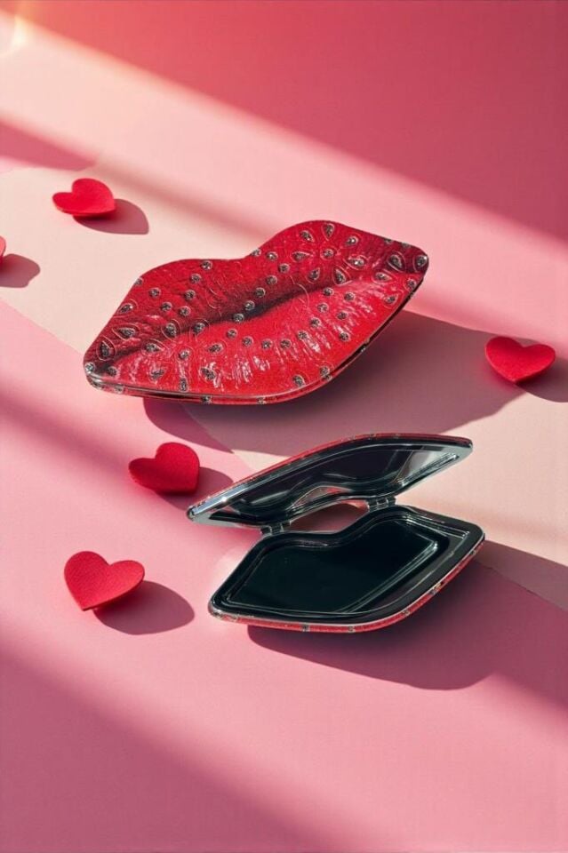 Accessories Kırmızı Renk Dudak Figürlü Taşlı Cep Aynası