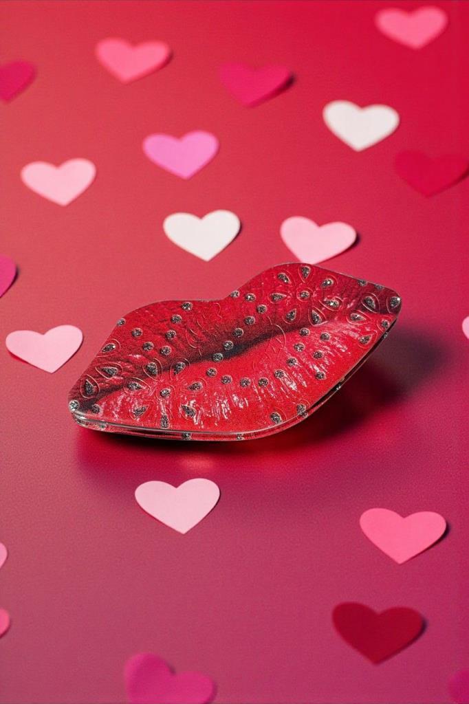 Accessories Kırmızı Renk Dudak Figürlü Taşlı Cep Aynası