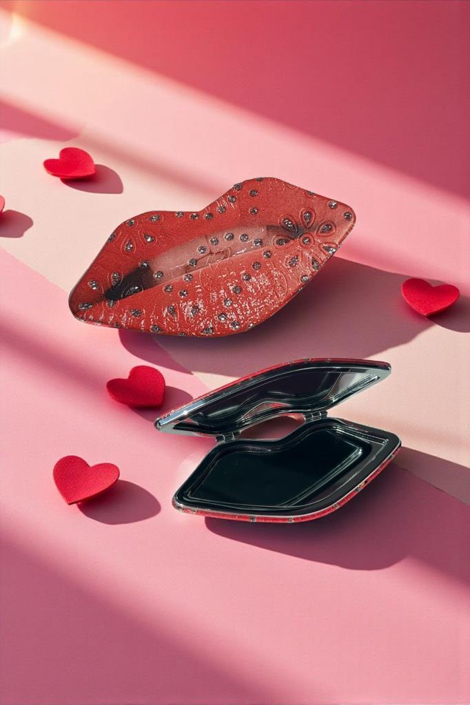 Accessories Kırmızı Renk Dudak Figürlü Taşlı Cep Aynası