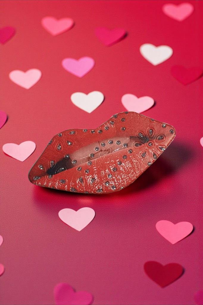 Accessories Kırmızı Renk Dudak Figürlü Taşlı Cep Aynası