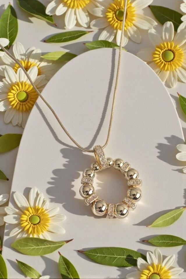 Zirkon Taşlı Bombeli Halka Model Çelik Altın Sarısı Kadın Kolye