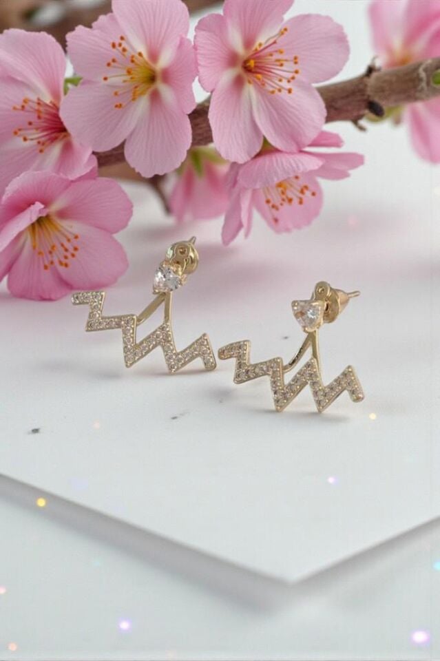 Zirkon Taşlı Zikzak Altın Sarısı Kadın Küpe