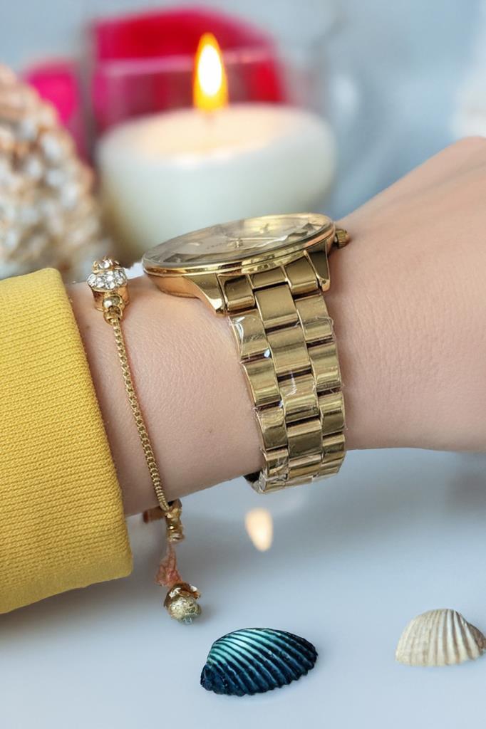 Altın Sarısı Kadın Kol Saati - Orijinal - Kesme Cam - Çelik Kordon - 2 Yıl Garanti - Bileklik Hediye