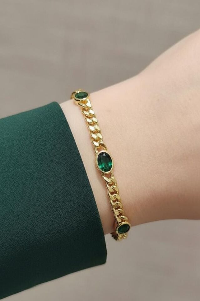 Zümrüt Yeşili Taşlı Altın Sarısı Kadın Zincir Bileklik