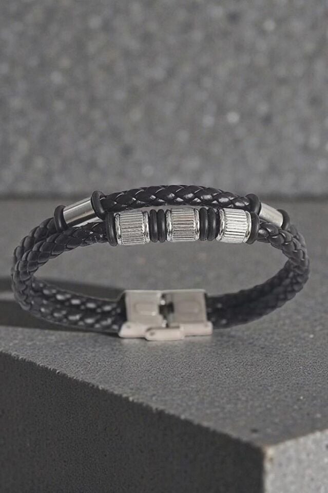 Siyah Burgu Deri Kordon Model Erkek Bileklik