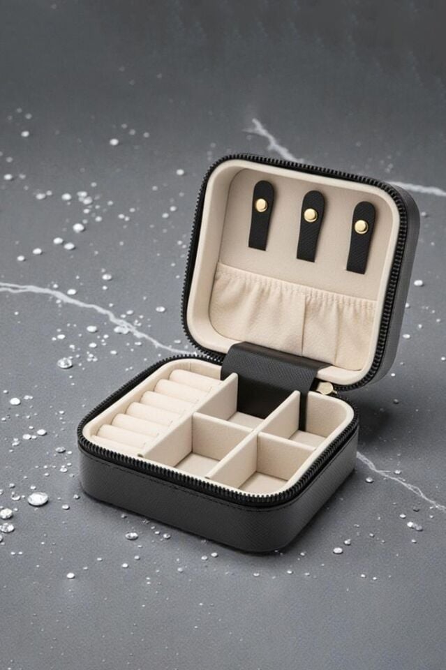 Siyah, Fermuarlı Deri Takı Ve Mücevher Kutusu, Seyahat Çantası (11,5x11,5 cm)