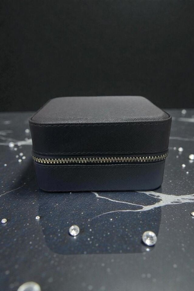 Siyah, Fermuarlı Deri Takı Ve Mücevher Kutusu, Seyahat Çantası (11,5x11,5 cm)