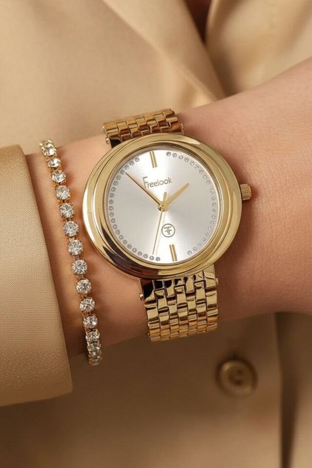 Zirkon Taşlı Altın Sarısı Kadın Kol Saati, Taşlı Bileklik Hediyeli