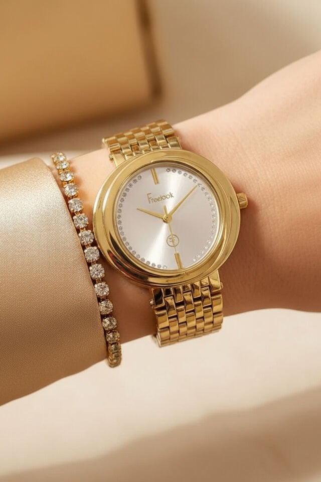 Zirkon Taşlı Altın Sarısı Kadın Kol Saati, Taşlı Bileklik Hediyeli