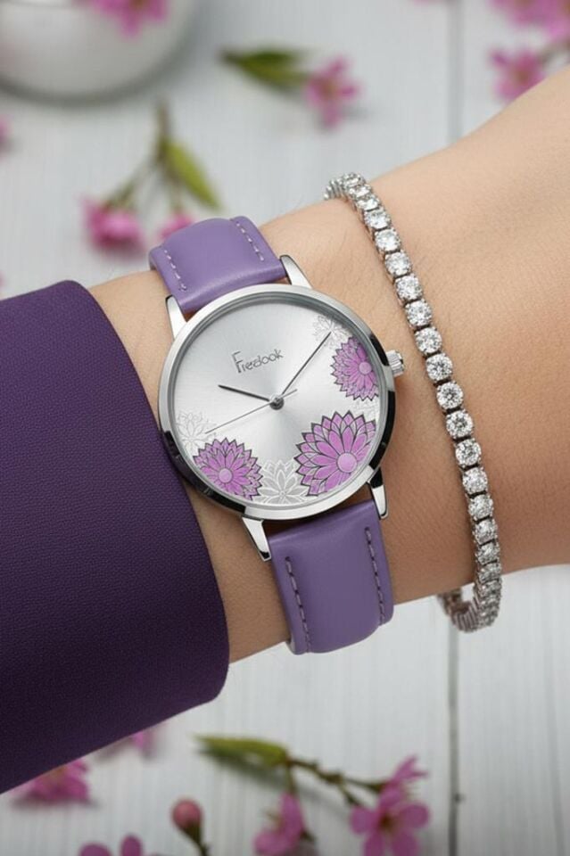 Freelook Mor Deri Kayışlı Desenli Kadran Kadın Kol Saati, Taşlı Bileklik Hediyeli