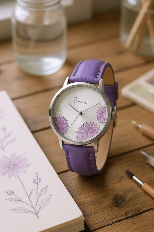 Freelook Mor Deri Kayışlı Desenli Kadran Kadın Kol Saati, Taşlı Bileklik Hediyeli