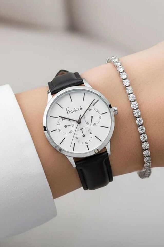Freelook Siyah Deri Kayışlı Fonksiyonlu Kadın Kol Saati, Taşlı Bileklik Hediyeli