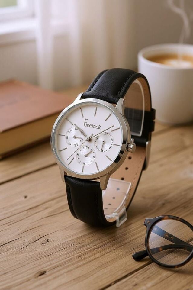 Freelook Siyah Deri Kayışlı Fonksiyonlu Kadın Kol Saati, Taşlı Bileklik Hediyeli