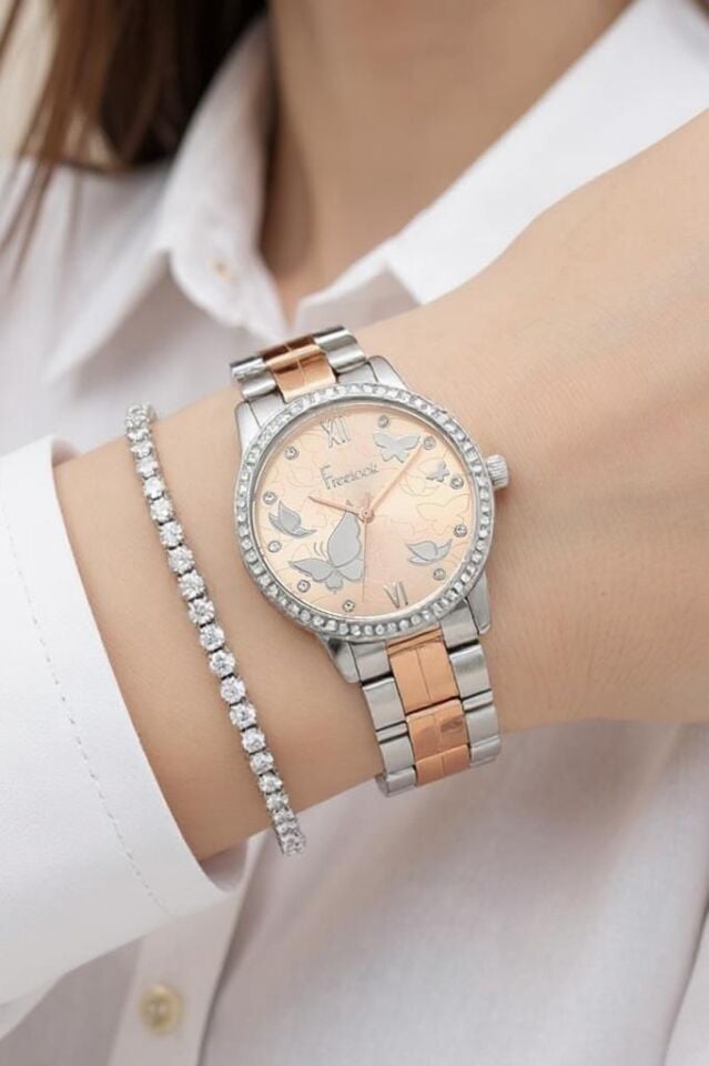 Freelook Kelebek Detaylı Rose Gold/Metalik Kadın Kol Saati, Taşlı Bileklik Hediyeli