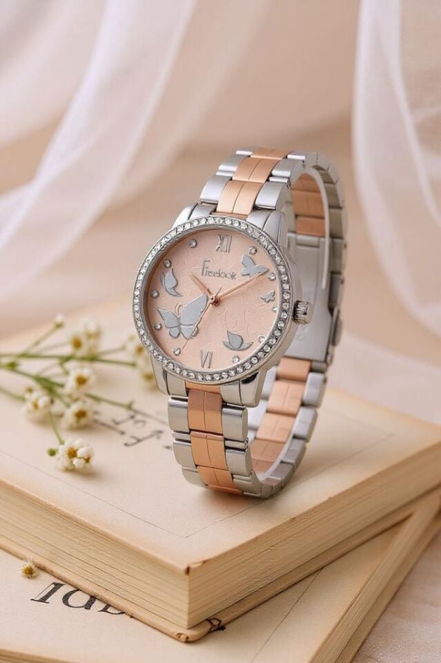 Freelook Kelebek Detaylı Rose Gold/Metalik Kadın Kol Saati, Taşlı Bileklik Hediyeli