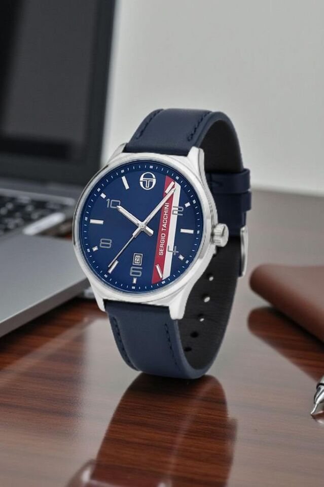 Sergio Tacchini Takvimli Lacivert Deri Kayışlı Erkek Kol Saati
