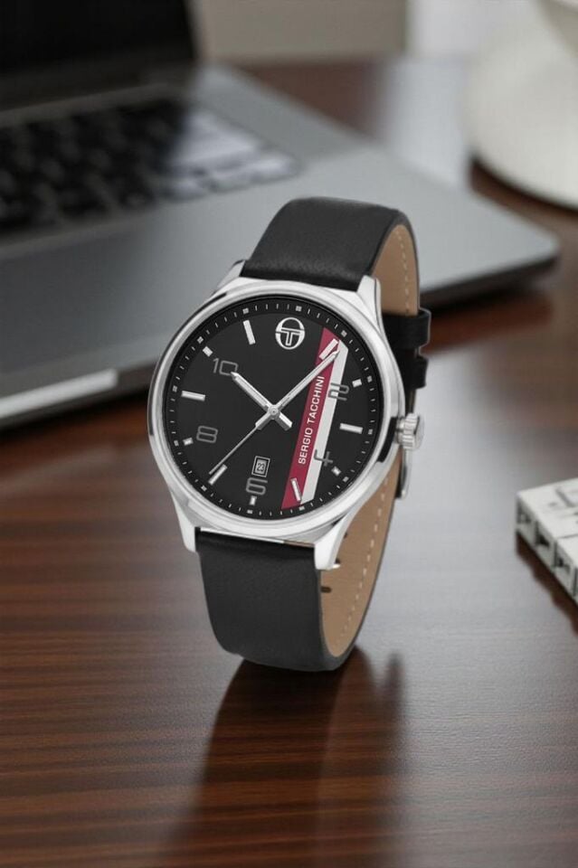 Sergio Tacchini Takvimli Siyah Deri Kayışlı Erkek Kol Saati